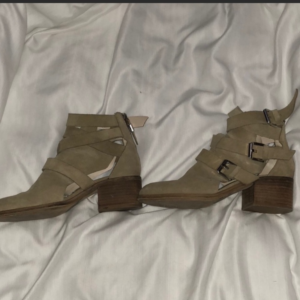 Tan faux suede buckle booties